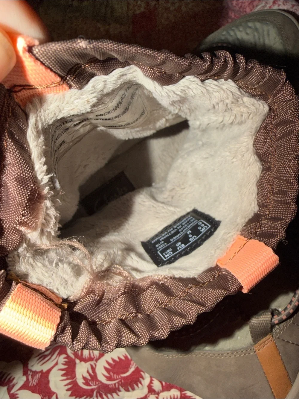 Clarks Privo Aria Frost Taupe Winter Ankle Boots with Pink Pull Tabs